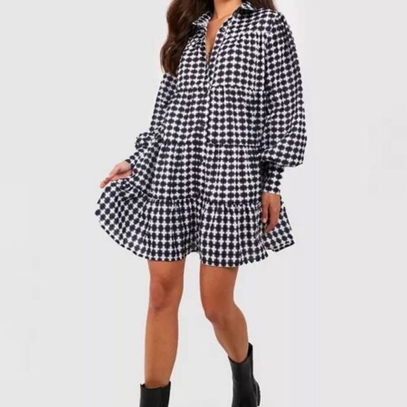 NWT ELIZA J Black & White Plaid Flannel Boho Tiered Mini Dress 10 - Picture 1 of 4